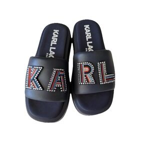 KARL LAGERFELD Women's Navy Blue Slide Sandals Rhinestone Logo Size 8 US